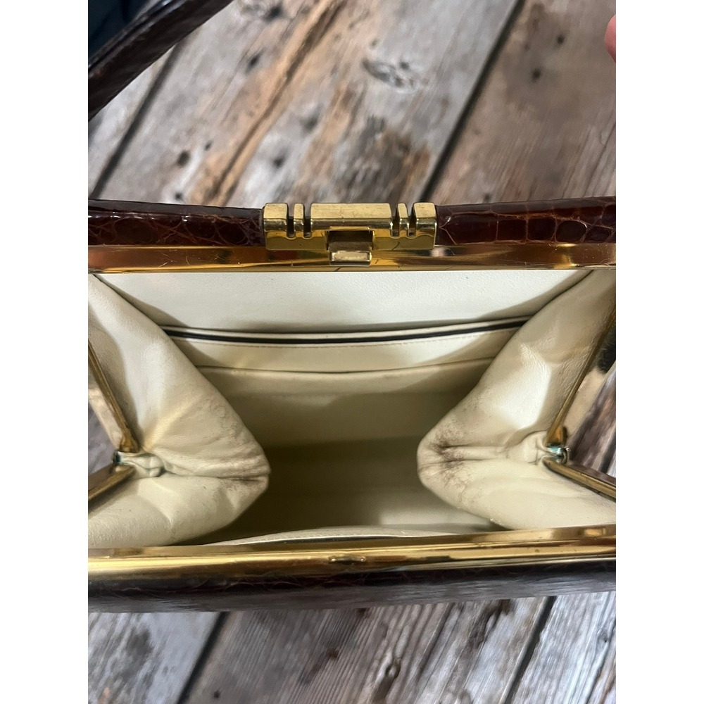 Vintage Brown Crocodile Skin Top Handle Handbag Gold Frame Mid Century Bag - Picture 7 of 7